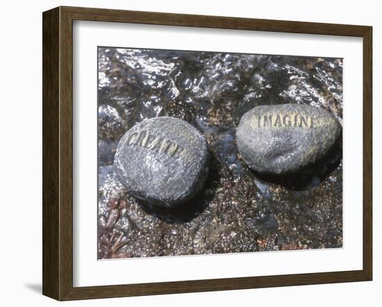 Rocks with the Words Imagine and Create in Water-null-Framed Photographic Print