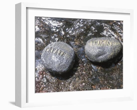 Rocks with the Words Imagine and Create in Water-null-Framed Photographic Print