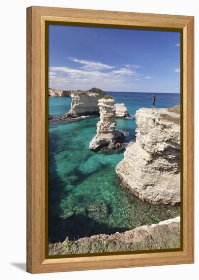 Rocky Coast with Stone Pillars, the Mediterranean Sea, Apulia, Italy-Markus Lange-Framed Premier Image Canvas