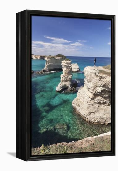 Rocky Coast with Stone Pillars, the Mediterranean Sea, Apulia, Italy-Markus Lange-Framed Premier Image Canvas