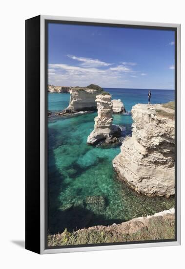 Rocky Coast with Stone Pillars, the Mediterranean Sea, Apulia, Italy-Markus Lange-Framed Premier Image Canvas