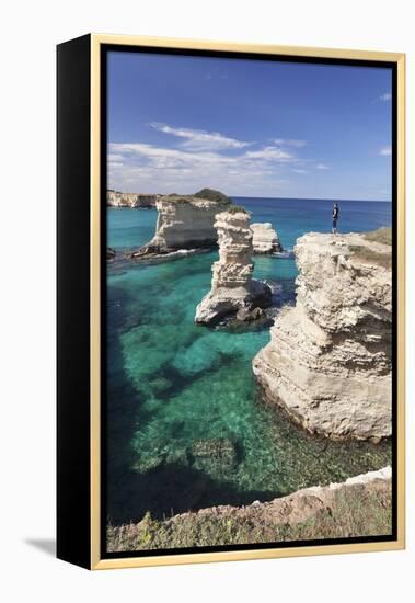 Rocky Coast with Stone Pillars, the Mediterranean Sea, Apulia, Italy-Markus Lange-Framed Premier Image Canvas