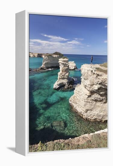 Rocky Coast with Stone Pillars, the Mediterranean Sea, Apulia, Italy-Markus Lange-Framed Premier Image Canvas