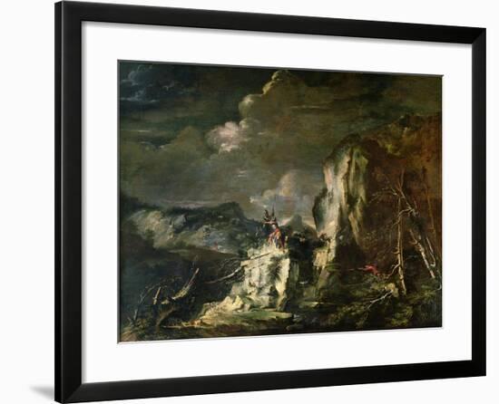 Rocky Landscape with a Huntsman and Warriors-Salvator Rosa-Framed Giclee Print