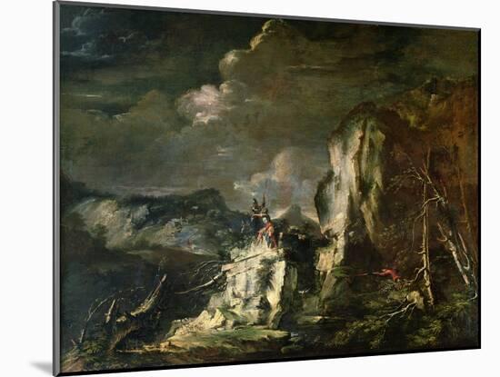 Rocky Landscape with a Huntsman and Warriors-Salvator Rosa-Mounted Giclee Print