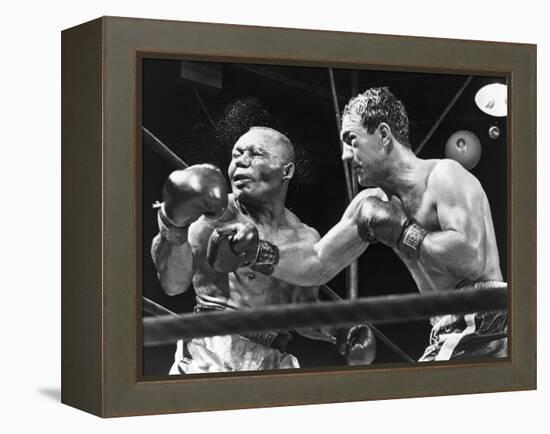 Rocky Marciano Landing a Punch on Jersey Joe Walcott, Sept. 23, 1952-null-Framed Stretched Canvas