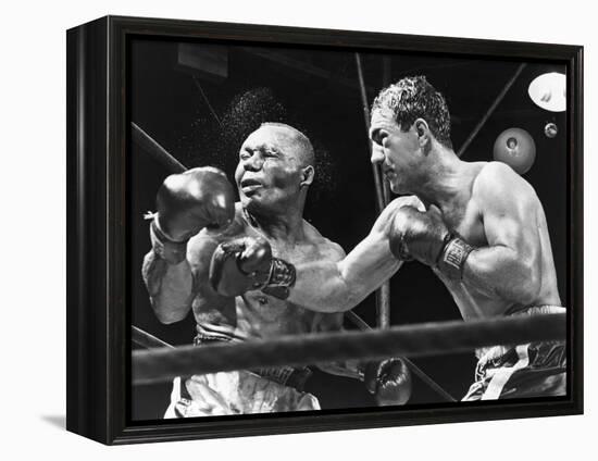 Rocky Marciano Landing a Punch on Jersey Joe Walcott, Sept. 23, 1952-null-Framed Stretched Canvas