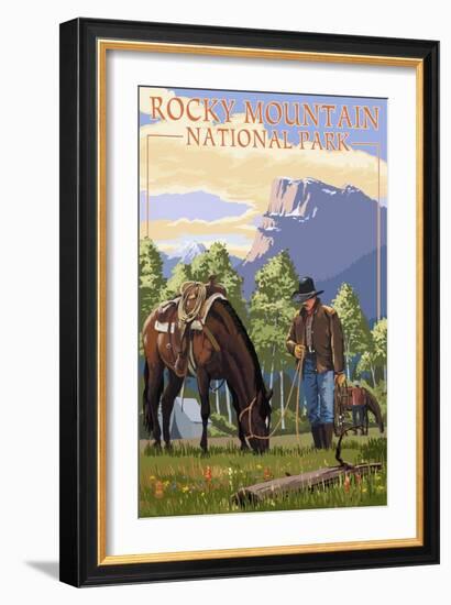 Rocky Mountain National Park, Colorado - Cowboy and Horse in Spring-Lantern Press-Framed Art Print