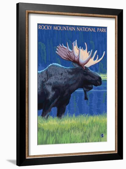 Rocky Mountain National Park, Colorado, Moose at Night-Lantern Press-Framed Art Print