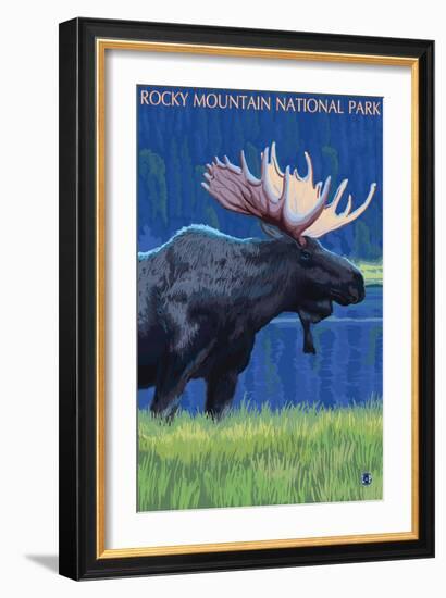 Rocky Mountain National Park, Colorado, Moose at Night-Lantern Press-Framed Art Print