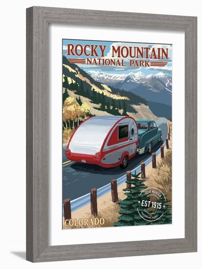 Rocky Mountain National Park - Retro Camper - Rubber Stamp-Lantern Press-Framed Art Print