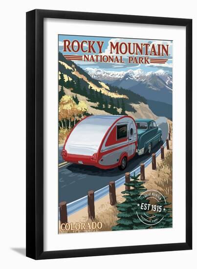 Rocky Mountain National Park - Retro Camper - Rubber Stamp-Lantern Press-Framed Art Print