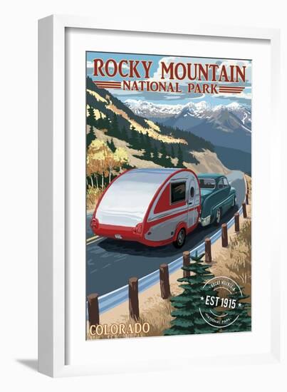 Rocky Mountain National Park - Retro Camper - Rubber Stamp-Lantern Press-Framed Art Print