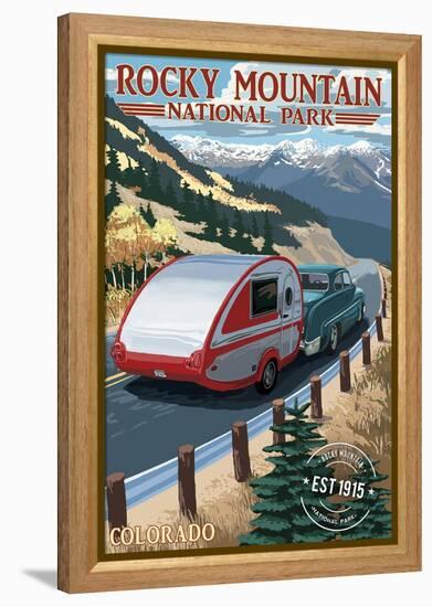 Rocky Mountain National Park - Retro Camper - Rubber Stamp-Lantern Press-Framed Stretched Canvas