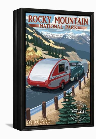 Rocky Mountain National Park - Retro Camper - Rubber Stamp-Lantern Press-Framed Stretched Canvas