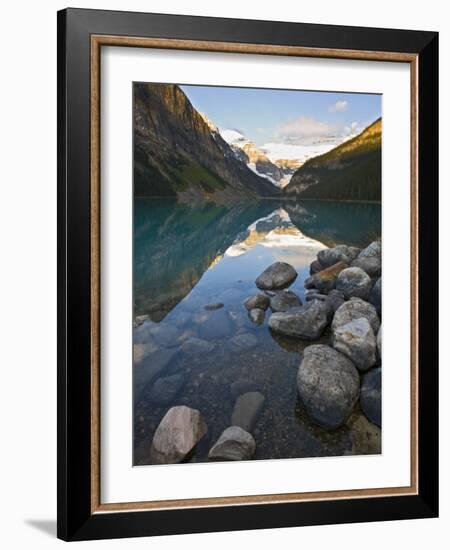 Rocky Mountains and Boulders Reflected in Lake Louise, Banff National Park, Alberta, Canada-Larry Ditto-Framed Photographic Print