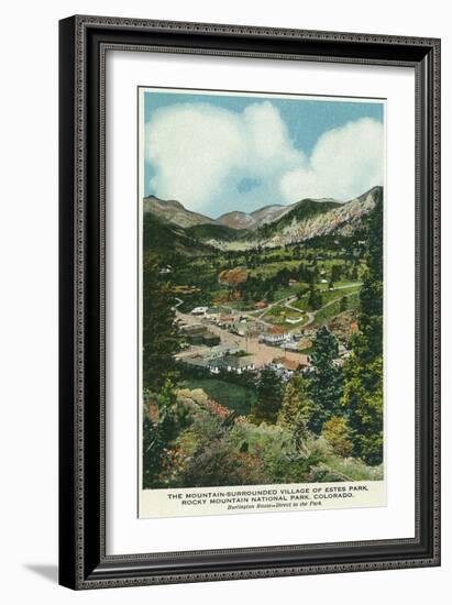 Rocky Mt. National Park, Colorado, Aerial View of Mountain Surrounded Estes Park-Lantern Press-Framed Art Print