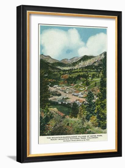 Rocky Mt. National Park, Colorado, Aerial View of Mountain Surrounded Estes Park-Lantern Press-Framed Art Print