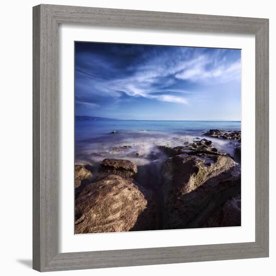 Rocky Shore and Tranquil Sea, Portoscuso, Sardinia, Italy-null-Framed Photographic Print