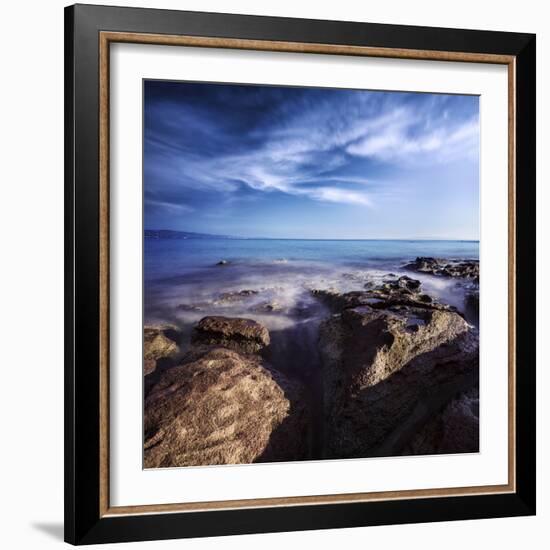 Rocky Shore and Tranquil Sea, Portoscuso, Sardinia, Italy-null-Framed Photographic Print