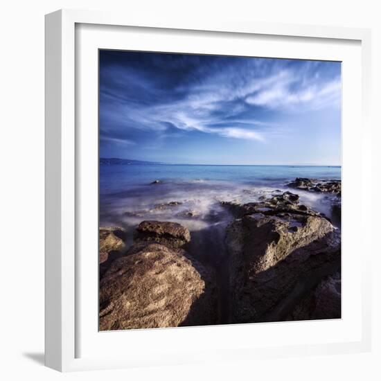 Rocky Shore and Tranquil Sea, Portoscuso, Sardinia, Italy-null-Framed Photographic Print