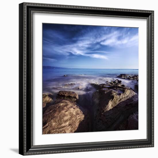 Rocky Shore and Tranquil Sea, Portoscuso, Sardinia, Italy-null-Framed Photographic Print