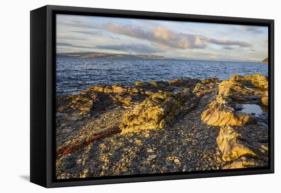 Rocky shore near Catacol looking out across the Kilbrannan Sound to Mull of Kintyre, Isle of Arran,-Gary Cook-Framed Premier Image Canvas