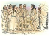 Lewis, Clark, and Sacagawea Meeting a Group of Four Indians in Front of a Mat Lodge-Roger Cooke-Framed Giclee Print