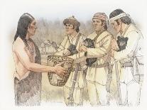 Lewis, Clark, and Sacagawea Meeting a Group of Four Indians in Front of a Mat Lodge-Roger Cooke-Giclee Print