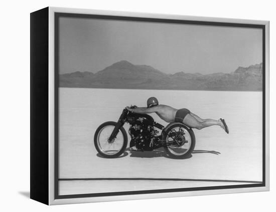 Roland Free Breaking World's Speed Record on Bonneville Salt Flats While Laying on His Bike-Peter Stackpole-Framed Premier Image Canvas