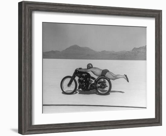 Roland Free Breaking World's Speed Record on Bonneville Salt Flats While Laying on His Bike-Peter Stackpole-Framed Premium Photographic Print