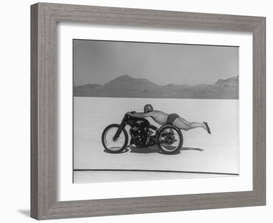 Roland Free Breaking World's Speed Record on Bonneville Salt Flats While Laying on His Bike-Peter Stackpole-Framed Premium Photographic Print