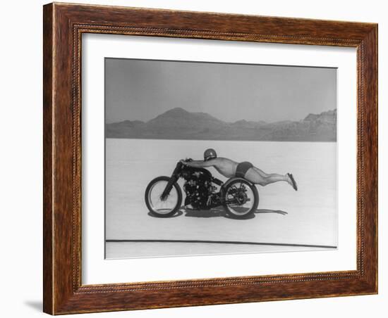 Roland Free Breaking World's Speed Record on Bonneville Salt Flats While Laying on His Bike-Peter Stackpole-Framed Premium Photographic Print