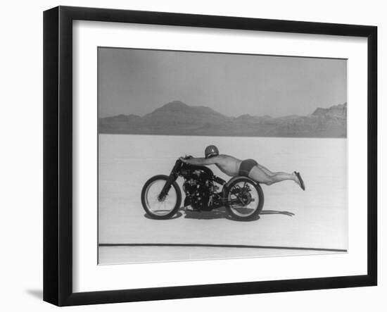 Roland Free Breaking World's Speed Record on Bonneville Salt Flats While Laying on His Bike-Peter Stackpole-Framed Premium Photographic Print