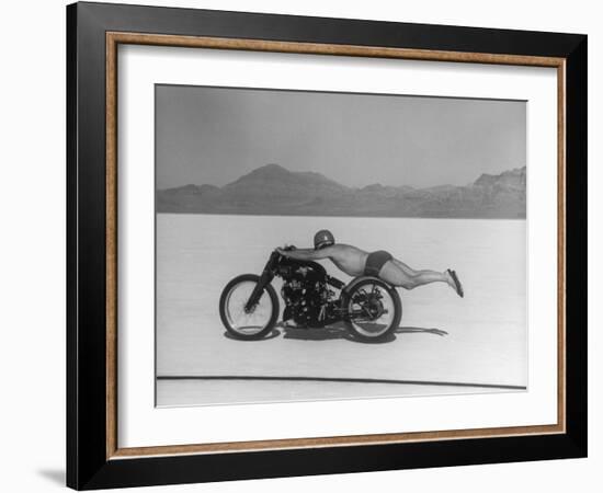 Roland Free Breaking World's Speed Record on Bonneville Salt Flats While Laying on His Bike-Peter Stackpole-Framed Premium Photographic Print