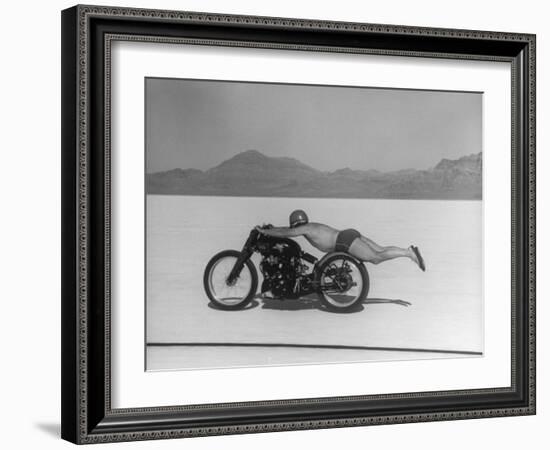 Roland Free Breaking World's Speed Record on Bonneville Salt Flats While Laying on His Bike-Peter Stackpole-Framed Premium Photographic Print