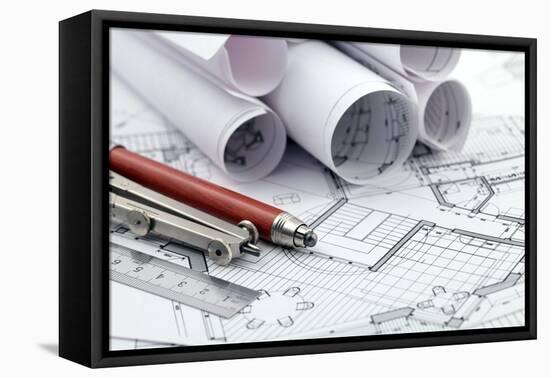 Rolls of Architecture Blueprint and Work Tools - Ruler, Pencil, Compass--Vladimir--Framed Premier Image Canvas