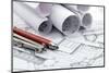 Rolls of Architecture Blueprint and Work Tools - Ruler, Pencil, Compass--Vladimir--Mounted Photographic Print