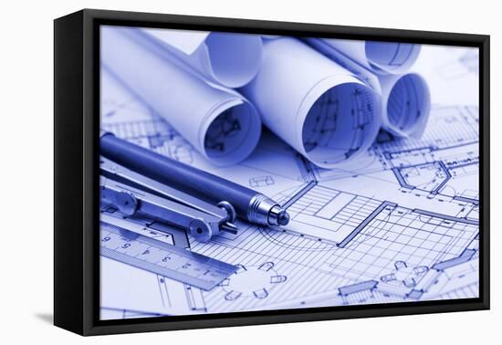 Rolls of Blueprints and Work Tools - Ruler, Pencil, Compass--Vladimir--Framed Premier Image Canvas