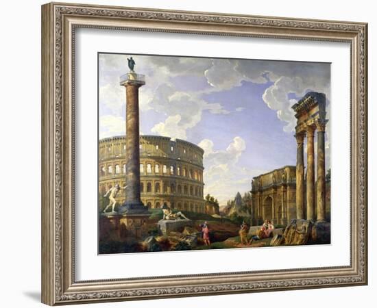 Roman Capriccio Showing the Colosseum, Borghese Warrior, Trajan's Column, the Dying Gaul, Tomb of…-Giovanni Paolo Pannini-Framed Giclee Print