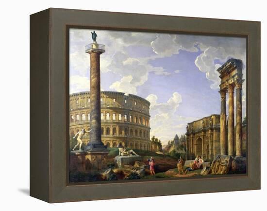 Roman Capriccio Showing the Colosseum, Borghese Warrior, Trajan's Column, the Dying Gaul, Tomb of…-Giovanni Paolo Pannini-Framed Premier Image Canvas
