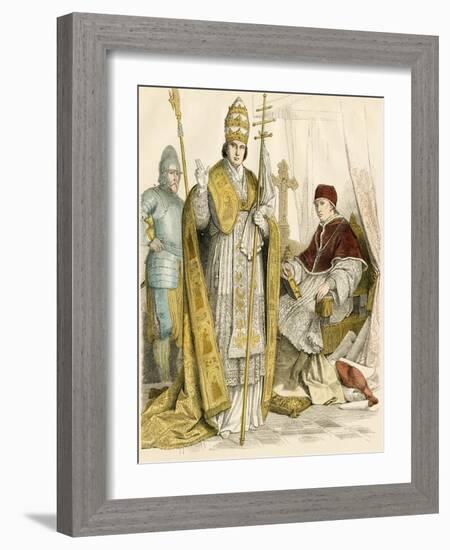 Roman Catholic Pope in Formal Attire and in House Vestments, Swiss Guard at Left, 1500s-1600s-null-Framed Giclee Print