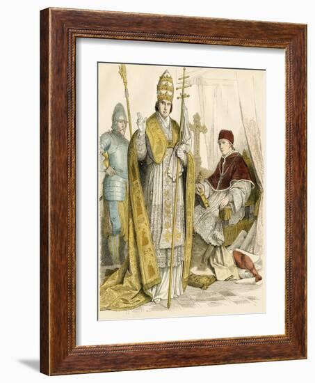 Roman Catholic Pope in Formal Attire and in House Vestments, Swiss Guard at Left, 1500s-1600s-null-Framed Giclee Print