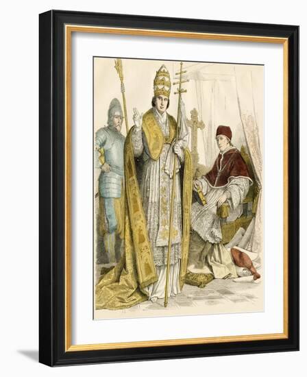 Roman Catholic Pope in Formal Attire and in House Vestments, Swiss Guard at Left, 1500s-1600s-null-Framed Giclee Print