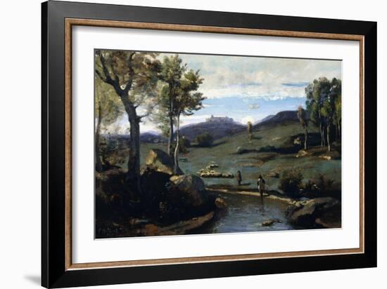Roman Countryside - Rocky Valley with a Herd of Pigs, 1843-Jean-Baptiste-Camille Corot-Framed Giclee Print