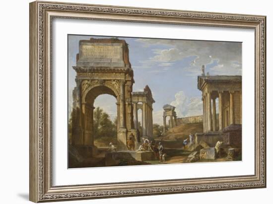 Roman Ruins with the Arch of Titus, 1734-Giovanni Paolo Panini-Framed Giclee Print