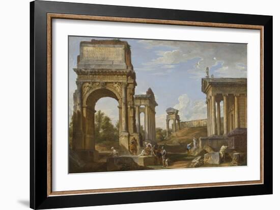 Roman Ruins with the Arch of Titus, 1734-Giovanni Paolo Panini-Framed Giclee Print