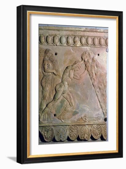 Roman terracotta Campana plaque showing Theseus lifting a huge rock. Artist: Unknown-Unknown-Framed Giclee Print