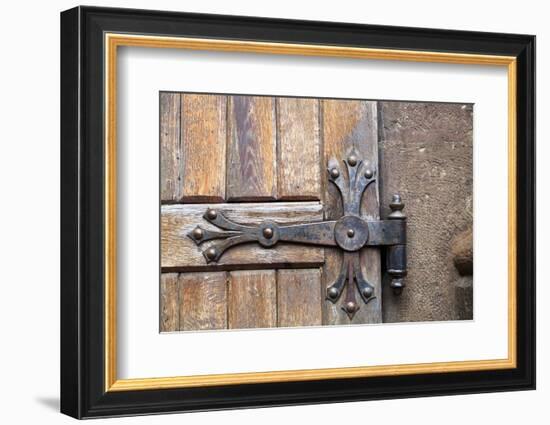 Romania. Brasov. Detail of church exterior. Wood door hinge.-Emily Wilson-Framed Photographic Print