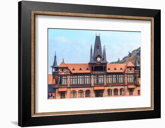 Romania, Brasov. Poarta Schei district. Clock Tower and building.-Emily Wilson-Framed Photographic Print